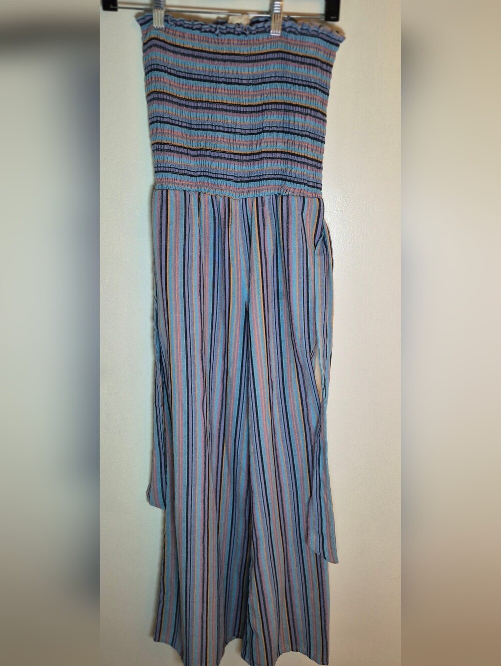 Blue Striped Smocked Strapless Jumpsuit